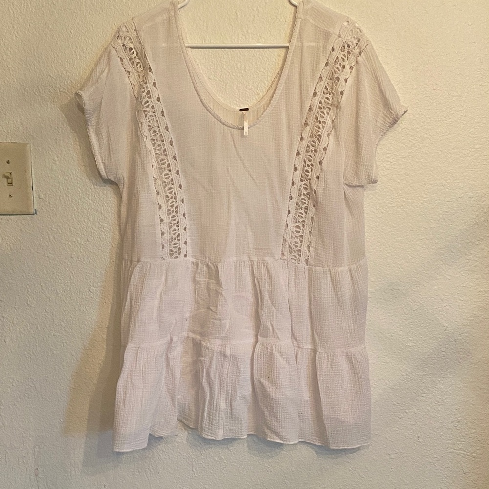 Free People White Crochet-Trim Tiered Short Sleeve Top